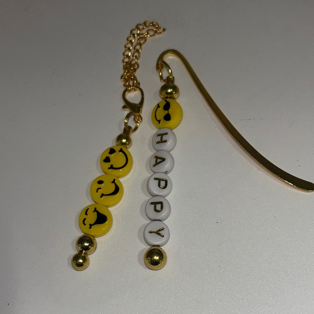 Happy Emoji Bookmark, with keychain zipper pull Gold Accents
